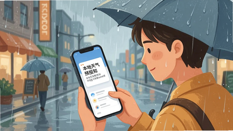 一张生活场景插画,画面中一个人正在查看手机,手机屏幕上显示“本地天气预报知”的提醒卡片,背景是雨天街道,雨伞打开,整体氛围温馨实用,排版简洁,突出手机屏幕内容,风格清新插画风,细节处理细腻,画质高,无多余装饰元素