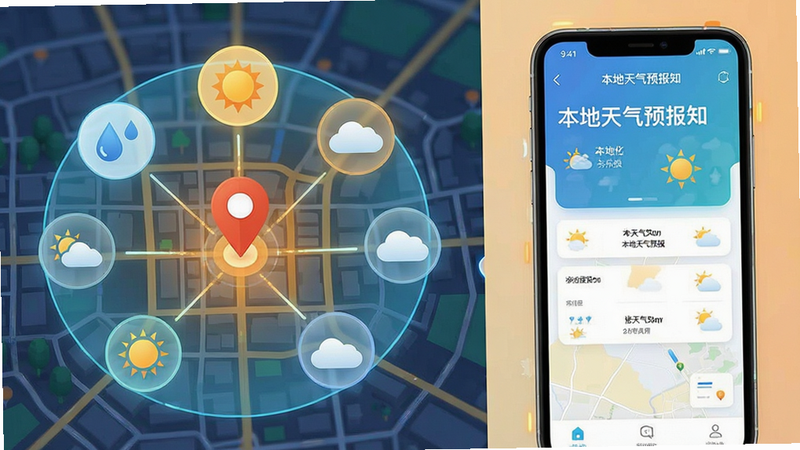 一张概念示意图,左侧为城市地图,右侧为手机屏幕,屏幕上显示“本地天气预报知”APP界面,地图上有一个定位标记,周围环绕着不同天气图标(雨滴、太阳、云朵),视觉化展示本地化数据覆盖范围,风格科技感与温馨感结合,色彩清新,细节丰富,画质清晰,无杂乱背景