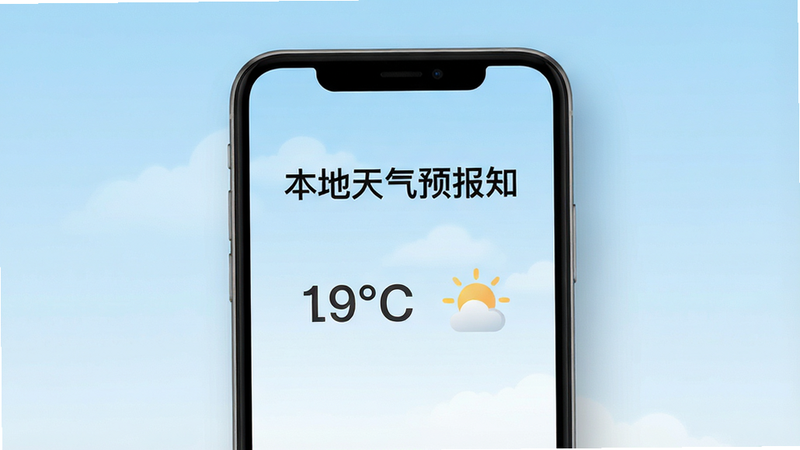 一张极简风格的手机界面展示图,主体为“本地天气预报知”App首页,背景为柔和的浅蓝色天空渐变,中央清晰显示“本地天气预报知”字样,下方有清晰的温度数字和天气图标,布局留白充足,排版整洁,风格现代扁平化,细节处有细微的光影质感,画质高清,干净无多余元素,无水印