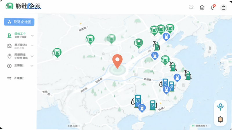 展示能链企服地图界面,上面分布着绿色的加油站图标和蓝色的充电桩图标,界面简洁,色调清新,突出定位精准,风格扁平化,画质清晰