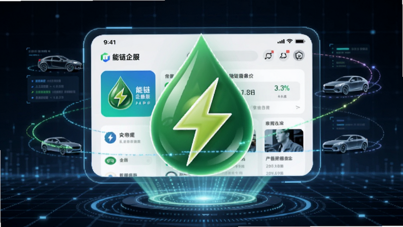 画面主体为能链企服APP界面全息投影,背景为深蓝色科技网格,中央悬浮着巨大的绿色油滴与闪电图标交织,周围环绕着数据流线条和车辆轮廓,风格为现代商务科技风,细节清晰,无多余元素,高清渲染