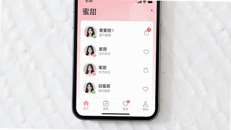 主体为手机屏幕展示“蜜甜”APP的主界面,布局为底部导航栏加中部内容区,排版简洁,风格为清新粉色系,细节包含头像列表与未读消息角标,画质高清,干净,无多余元素,文字“蜜甜”作为APP名称显示