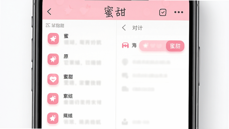 主体为手机屏幕显示“蜜甜”APP界面,布局为左右分栏,左侧聊天列表右侧对话窗口,排版简洁清新,风格为现代扁平化设计,细节包含粉色系图标与柔和阴影,画质高清,干净,无多余元素,文字“蜜甜”清晰可见