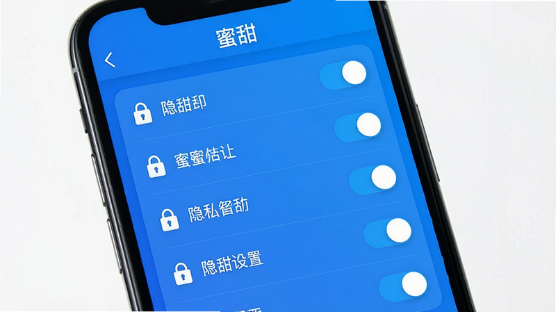 主体为手机屏幕展示“蜜甜”APP的隐私设置界面,布局为列表式开关选项,排版规整清晰,风格为科技感蓝色调,细节包含锁形图标与滑块开关,画质高清,干净,无多余元素,文字“蜜甜”显示在顶部标题栏