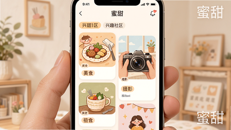 主体为手机屏幕展示“蜜甜”APP的兴趣社区页面,布局为瀑布流卡片式,排版错落有致,风格为温馨插画风,细节包含各种兴趣标签如“美食”、“摄影”,画质高清,干净,无多余元素,文字“蜜甜”作为水印出现