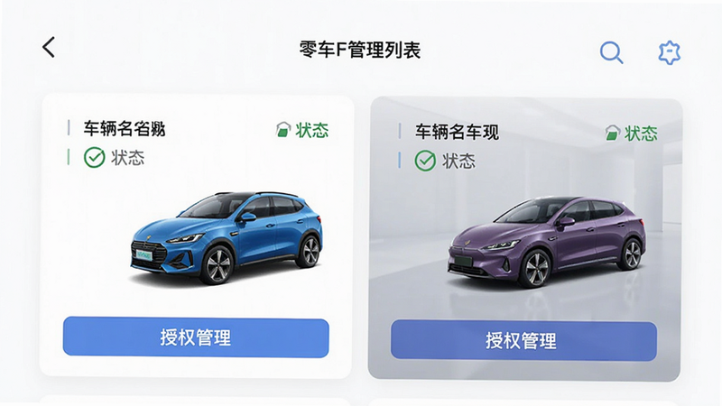����CarPlus APP�Ķ೵�����б����棬��ʾ������ͬ��ɫ��������Ƭ��ÿ�ſ�Ƭ���г������ơ�״̬ͼ��͡���Ȩ��������ť�����沼�����룬��ɫ������UI��Ƽ�Լ�ִ��������ͼ���