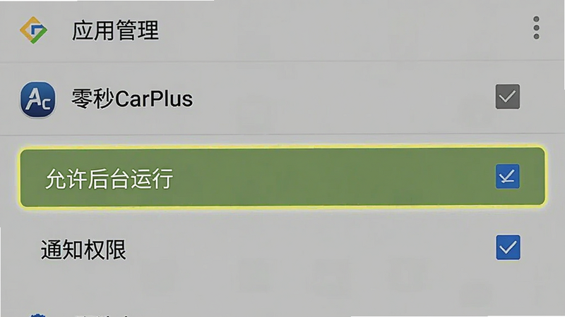�ֻ����ý����ͼ��չʾ��Ӧ�ù������С�����CarPlus����Ȩ������ҳ�棬������ʾ��������̨���С��͡�֪ͨȨ�ޡ�ѡ������࣬��׿�������չʾ��ѡ״̬������