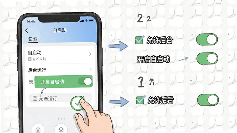 主体为新手操作指引图,布局包含手机设置界面截图与勾选框示意,排版清晰步骤化,风格为教程插画风,细节展示“自启动”、“后台运行”开关状态,画质高清,干净,无多余元素,文字标注“开启自启动”、“允许后台”
