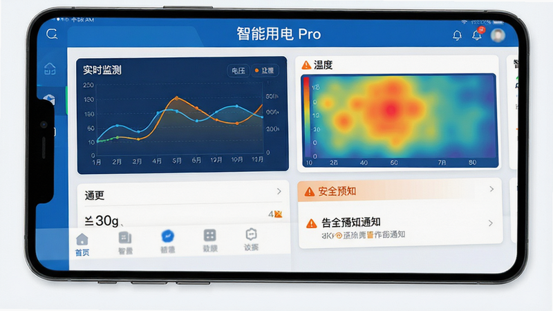 主体为智慧用电 Pro App 界面全屏展示,布局清晰分为顶部状态栏、中部实时数据仪表盘、底部功能导航,排版采用扁平化现代设计风格,细节包含电压曲线图表、温度热力图、告警通知卡片,色彩以科技蓝与警示橙为主,画质高清 4K,干净无多余元素,界面文字标注“实时监测”、“安全预警”