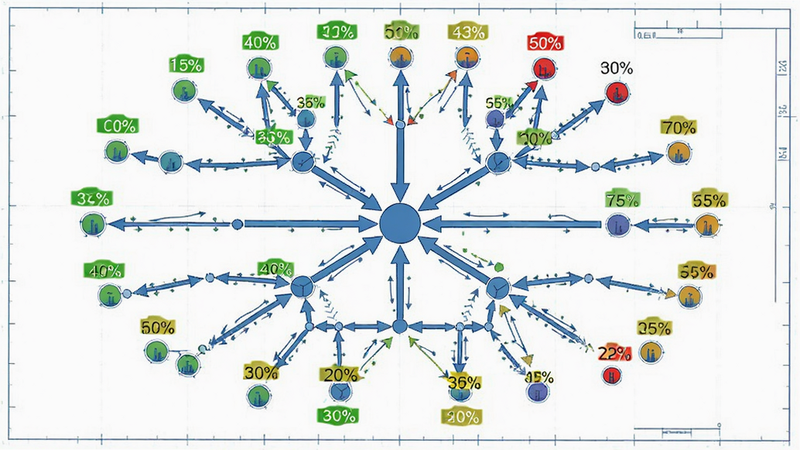 主体是一个复杂的网络拓扑图,中心节点发出多条分支连接到周围的小型边缘节点,每个节点上方有动态变化的负载百分比数字,颜色从绿到红表示负载高低,布局呈放射状,风格为工程蓝图风,细节展示节点间的负载均衡箭头,画质专业,干净利落