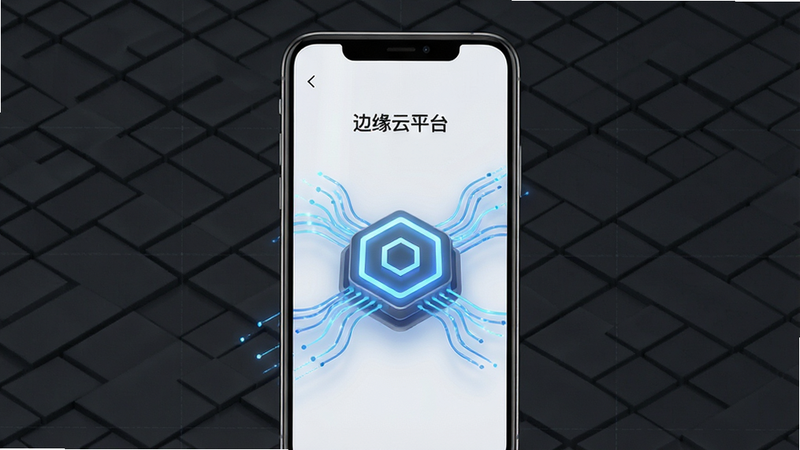 主体为一部竖立的现代智能手机,屏幕显示名为“边缘云平台”的应用界面,界面中心是一个发光的六边形边缘计算节点图标,周围环绕着表示数据流动的蓝色光效线条,背景为深灰色科技感网格布局,排版简洁大气,风格为极简科技风,细节处体现低延迟与高速连接感,画质高清,干净无多余元素