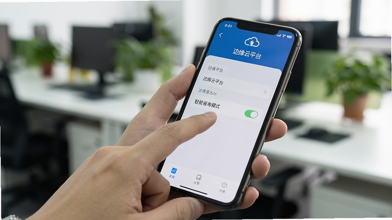 主体是一只手拿着智能手机,屏幕显示“边缘云平台”的设置界面,手指正在点击“智能省电模式”开关,背景为模糊的办公室环境,布局聚焦于手部操作与屏幕细节,风格为真实生活场景摄影,细节展现操作的便捷性与界面的清晰度,画质自然,光线柔和