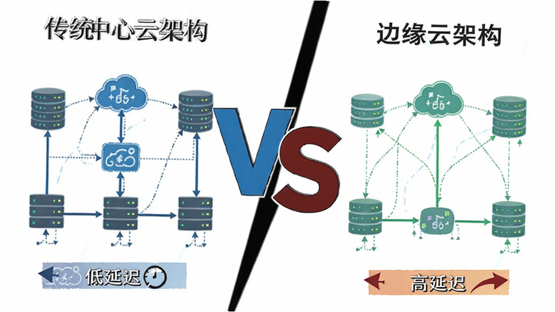 主体是一个对比图,左侧是传统的中心云架构,数据长距离传输,右侧是边缘云架构,数据短距离传输,中间有一个大大的“VS”符号,背景为白色,布局清晰对比强烈,风格为简洁的信息图表,细节标注了“低延迟”与“高延迟”的区别,画质清晰,易于理解
