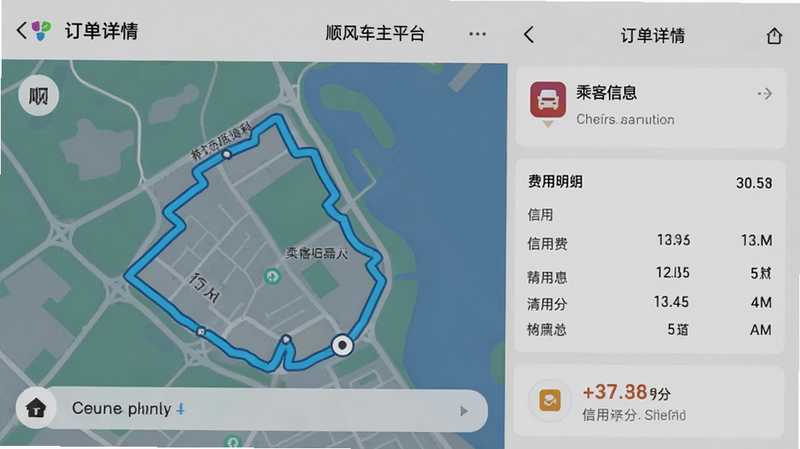 ��˳�糵��ƽ̨��APP�Ķ�������ҳ���ͼ��չʾ��ͼ�켣���˿���Ϣ��������ϸ���������֣�������Ƽ�࣬ͼ�������������׶�������Ϊ����ɫ��ͻ��������Ϣ�����ʸ��壬��ˮӡ���޶���װ��