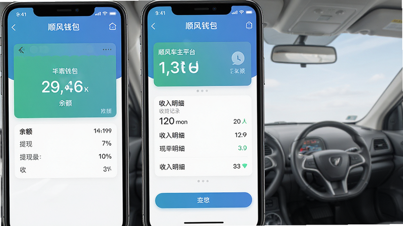 ��˳�糵��ƽ̨��APP��Ǯ��ҳ���ͼ����ʾ�����ּ�¼��������ϸ����������ִ���ɫ�ʴ����г�����������׶���������࣬��ˮӡ�����ʸ��壬�޶���Ԫ��