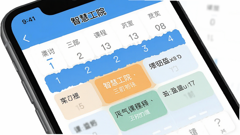 主体为手机屏幕特写,显示“智慧工院”APP内的课表模块,布局为周视图,高亮显示当前日期课程,风格扁平化,细节包含课程名称与教室位置,画质清晰,干净,无多余元素