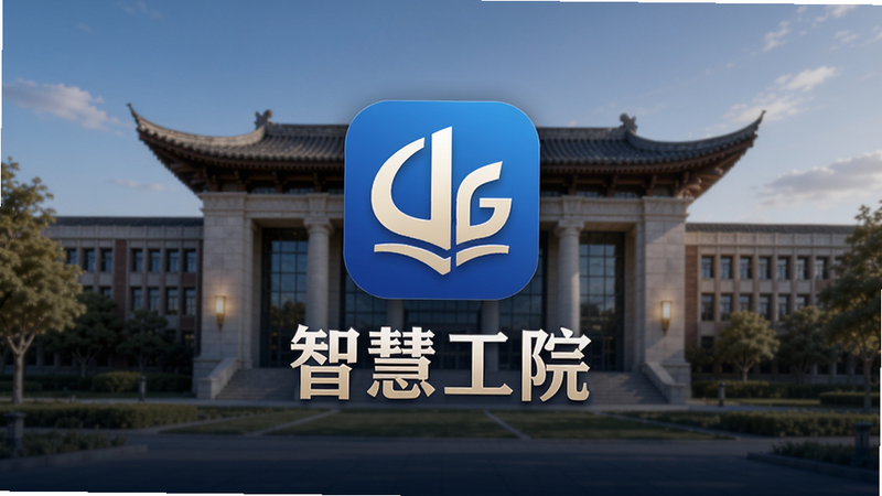 主体为“智慧工院”APP的启动页,背景为校园标志性建筑,前景为APP Logo与名称,布局居中,风格大气庄重,细节包含光影效果,画质精美,干净,无多余元素