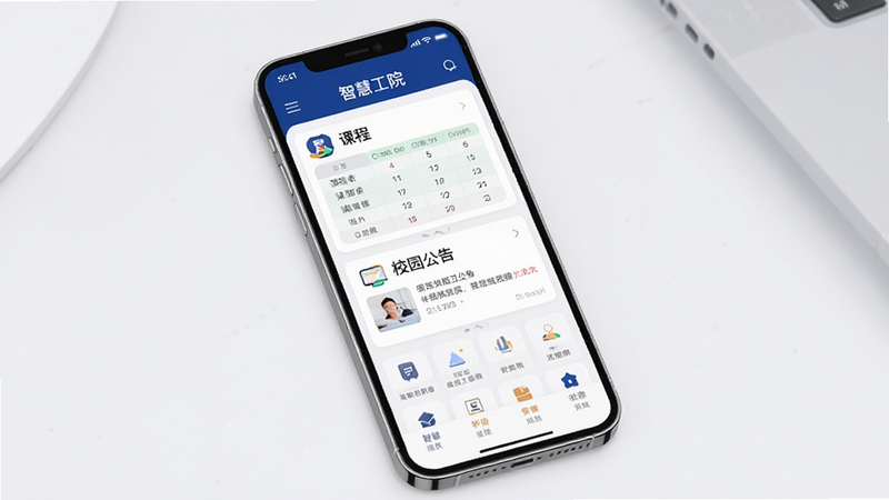 主体为“智慧工院”APP手机界面全屏展示,布局清晰,顶部有深蓝色导航栏,中间展示课程表与校园公告卡片,底部为功能图标网格,风格简约现代,细节包含高清UI元素,画质极高,干净无多余元素,文字“智慧工院”清晰可见
