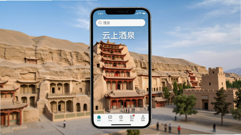 主体为手机屏幕界面,显示“云上酒泉”APP首页,背景是壮丽的敦煌莫高窟或嘉峪关全景慢直播画面,布局采用简洁的卡片式设计,顶部有搜索栏,底部有导航栏,风格为清新现代扁平化,细节处有柔和的光影效果,文字清晰显示“云上酒泉”,画质高清,干净无多余元素
