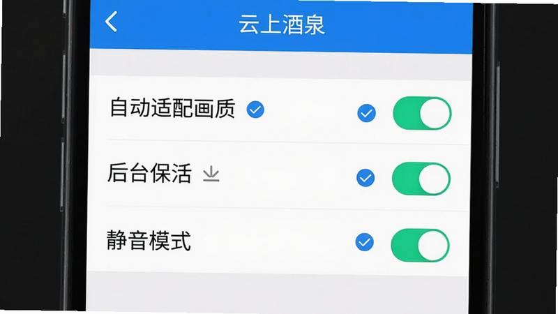 主体为手机设置界面截图,显示“云上酒泉”APP的播放设置页面,选项包括“自动适配画质”、“后台保活”、“静音模式”等,开关按钮处于开启状态,布局为列表形式,风格简洁明了,细节处有蓝色勾选标记,文字清晰显示设置项,画质清晰,干净无水印