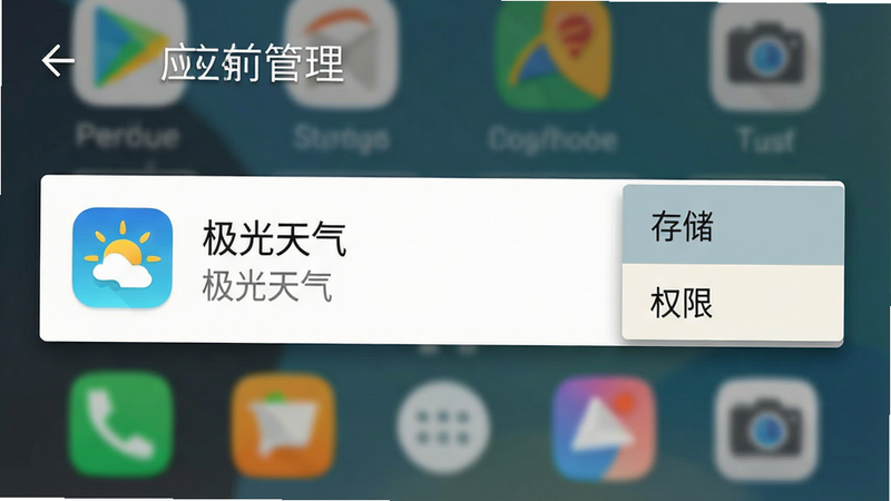 主体为手机设置界面示意图,布局展示安卓系统的“应用管理”页面,焦点位于“极光天气”应用条目上,右侧显示“存储”和“权限”两个选项被高亮选中,背景为模糊的手机桌面,风格为扁平化UI设计,细节包含清晰的应用图标、灰色的文字标签以及柔和的阴影效果,画质清晰,界面整洁,无多余弹窗,文字“极光天气”清晰可见