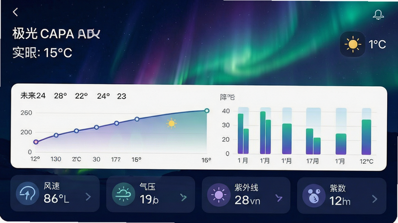 主体为极光天气APP的主界面截图,布局采用全屏沉浸式设计,顶部显示当前城市名称与实时温度,背景是深邃夜空下的绚丽极光效果,中间区域展示未来24小时的气温曲线图与降水概率柱状图,底部排列着风速、气压、紫外线指数等核心气象数据模块,风格为现代简约科技感,色彩以深蓝、紫绿为主色调,细节处包含清晰的图标纹理与柔和的光晕效果,画质超高清,干净无多余元素,文字清晰可读,无水印