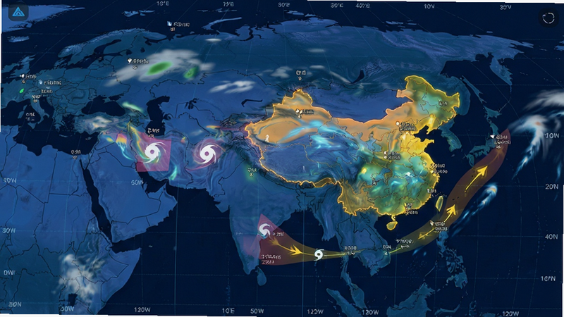 主体为极光天气APP的全球地图模式界面,布局展示一张深蓝色的世界地图,地图上不同区域用半透明的色块标注当前的气象状况,如台风路径、云层分布等,重点高亮显示中国及周边地区的天气数据,风格为科技可视化风格,细节包含经纬网格线、动态流动的云层纹理以及清晰的城市坐标点,画质高保真,画面整洁,文字标签清晰,无杂乱背景
