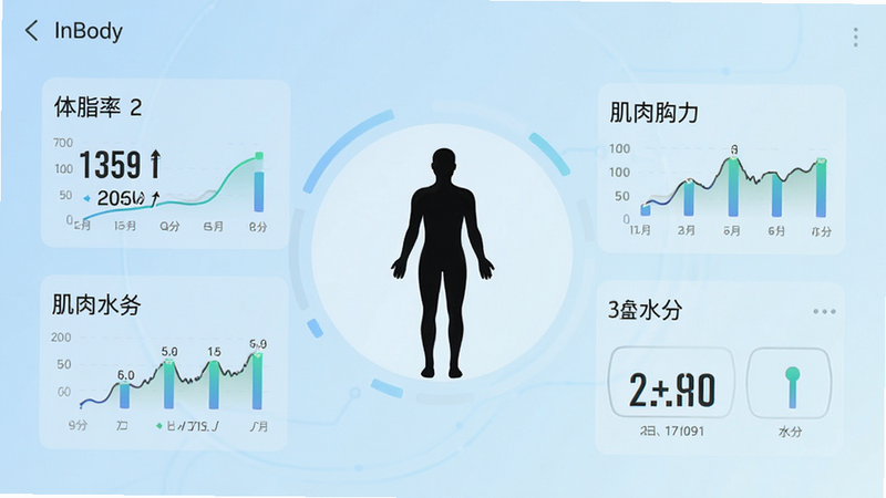 一张展示 InBody 安卓应用主界面的高清截图,背景为柔和的浅蓝色渐变,屏幕中央显示一个简洁的人体轮廓图标,周围环绕着体脂率、肌肉量、水分等关键数据的动态图表,界面设计现代简约,字体清晰易读,整体风格科技感强且温馨,无多余杂乱元素,4k高清,干净利落