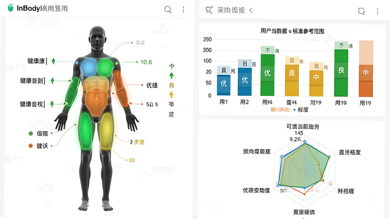 InBody 应用内的详细数据报告页面预览,左侧为人体模型高亮显示不同部位的健康状态,右侧为柱状图和雷达图,对比用户当前数据与标准参考范围,色彩鲜明区分优、良、中等级别,界面布局紧凑有序,文字标注清晰,背景为纯白,突出数据可视化效果