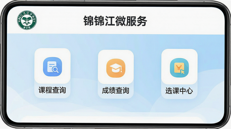 一张展示“锦江微服务”APP主界面的高清截图,界面简洁现代,顶部显示学校Logo和“锦江微服务”标题,中部为“课程查询”、“成绩查询”、“选课中心”等核心功能图标,背景为淡蓝色渐变,风格清新专业,无多余装饰,高清画质