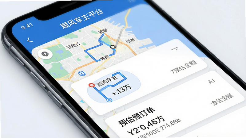 ����Ϊ�ֻ���Ļ��д����ʾ��˳�糵��ƽ̨��APP���棬����Ϊ��ͼ�������Ӷ����б���Ƭ���Ű�������࣬����ִ�������ɫ����ϸ�ڰ���·�߹켣��Ԥ�������ʸ��壬�ɾ����޶���Ԫ��