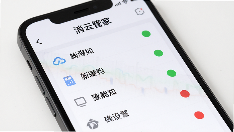 �ֻ���Ļ��д����ʾ�������ƹܼҡ�APP���豸���ҳ�棬�б��������˶���豸���ƣ�ÿ���豸�Ҳ���һ��СԲ�㣬��ɫ������������ɫ����������������Ʊ�ƽ������������������Ϊ��ɫ��ͻ�����ݿ��ӻ�Ч�������ʸߣ�ϸ�ڷḻ