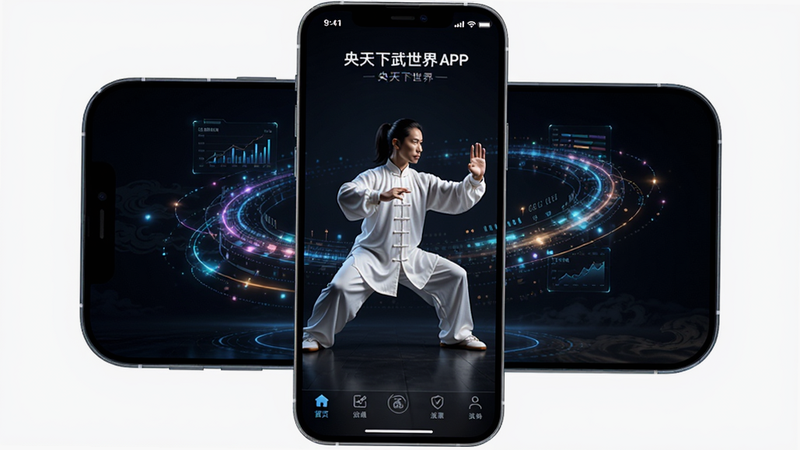 手机屏幕展示央天下武世界APP界面,深色背景,中间显示一位身穿白色太极服的人正在练习动作,周围环绕着科技感的数据流光效,界面底部有清晰的导航栏,整体风格现代且富有东方韵味,高清,无多余元素