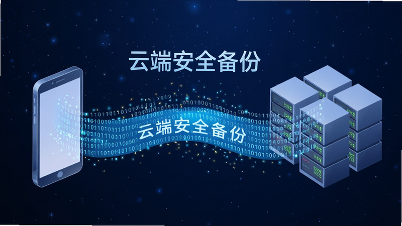 主体为数据云同步概念图,布局为左右结构,左侧为手机图标,右侧为服务器集群图标,中间通过蓝色光带连接,光带上流动着二进制代码流,背景为深蓝色星空渐变,文字标注“云端安全备份”,风格为三维渲染科技感,细节展示数据流动的光粒子效果,画质通透,无多余装饰。