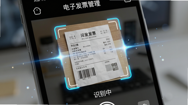 主体为手机屏幕特写,展示“电子发票管理”APP的拍照识别功能,布局聚焦于摄像头取景框,框内有一张清晰的纸质发票,周围环绕着动态识别框线,屏幕下方显示“识别中”状态文字,背景虚化处理,风格为写实科技风,细节突出识别算法的光效,画质细腻,无杂乱背景。
