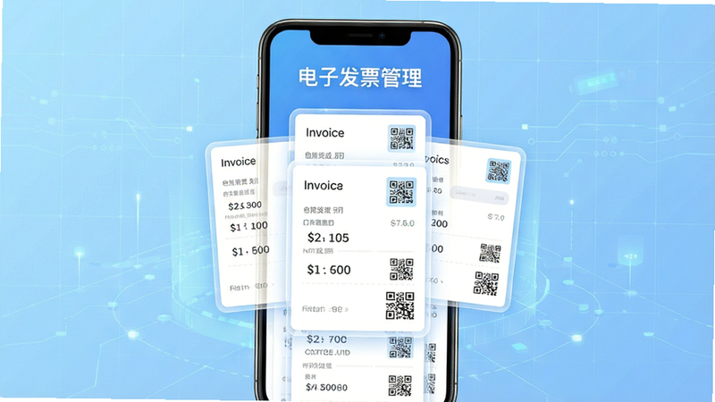 主体为一款名为“电子发票管理”的手机应用界面全景展示,布局采用居中对称式,顶部显示应用名称文字“电子发票管理”,背景为浅蓝色科技网格渐变,画面中央漂浮着多张整齐排列的电子发票卡片,卡片边缘带有柔和的白色高光,细节清晰展示发票金额与二维码图标,风格为现代扁平化UI设计,画质超高清,干净无多余元素,文字清晰可读。