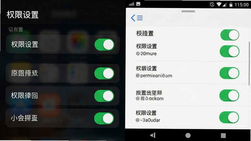 主体为手机设置界面与权限开关,布局为列表式排列,排版规整,风格为iOS与安卓混合UI,细节包含绿色开启状态,画质清晰,干净,无多余元素,文字标注