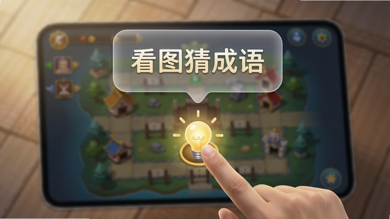 展示“看图猜成语”游戏内的提示功能界面,手指点击一个发光的灯泡图标,屏幕上方浮现出半透明的提示文字气泡,背景为虚化的游戏关卡地图,光线柔和,细节清晰,商业摄影风格