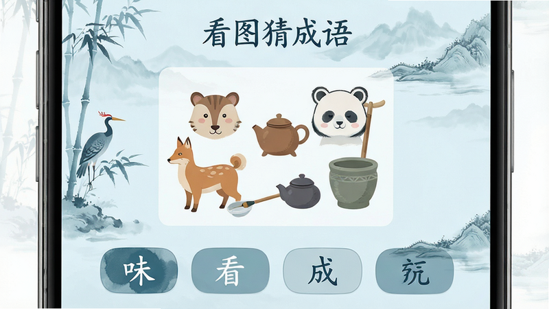 一张高清手机屏幕特写,显示“看图猜成语”游戏界面,主色调为淡雅的中国风水墨蓝,中央展示一幅由动物和物品组成的谜题图片,下方有四个汉字选项按钮,界面整洁,无多余元素,4K画质,扁平化设计风格