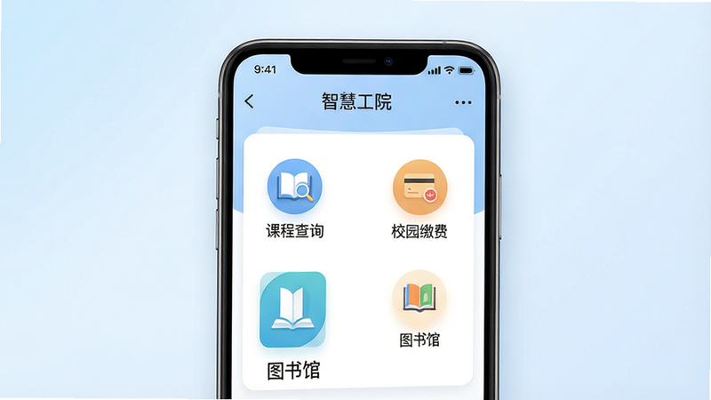一张高清扁平化风格的手机应用界面展示图,主体为一部现代智能手机,屏幕清晰显示名为“智慧工院”的App首页,界面设计简洁,包含“课程查询”、“校园缴费”、“图书馆”等核心功能图标,背景为淡蓝色渐变,光线柔和,细节精致,画质8k,干净无多余元素