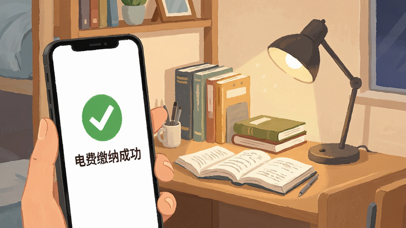 一张温馨的生活场景插画,手机屏幕上显示“电费缴纳成功”的绿色对勾,背景是整洁的学生宿舍一角,桌上放着书本和台灯,色调温暖,构图平衡,风格简约,细节丰富,画质极高,无杂乱背景