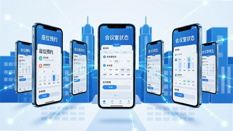 一张概念图,展示多个手机界面悬浮在空中,分别显示“座位预约”、“会议室状态”等,背景为抽象的校园建筑轮廓,色彩以蓝白为主,体现连接与共享,布局对称,风格科技感强,细节精致,画质8k