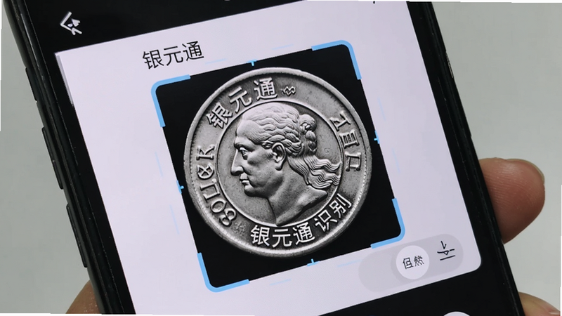 主体为手机拍摄银元的特写镜头,布局聚焦于手机屏幕内的识别框,排版突出识别结果区域,风格写实科技感,细节展示银元纹理与手机UI交互,画质清晰,干净,无多余元素,文字包含