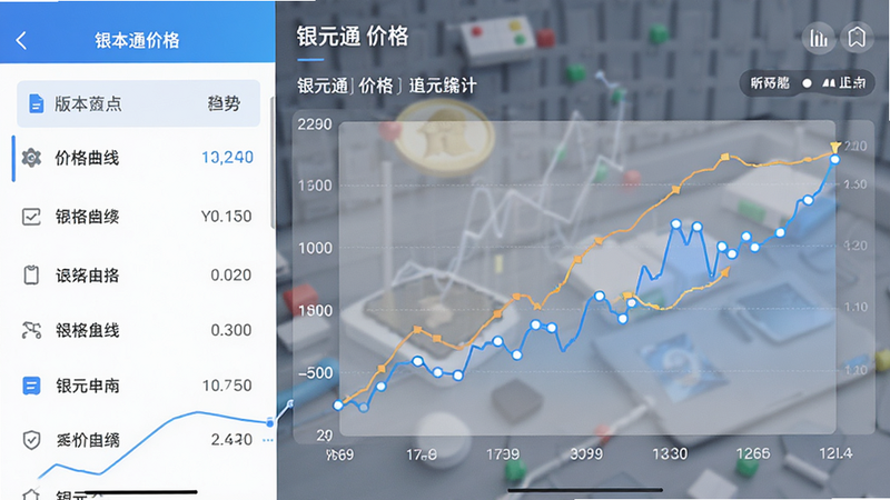 主体为银元通APP内的价格曲线图界面,布局左侧为版本列表右侧为价格折线图,排版数据可视化风格,风格商务简约,细节显示数据点与趋势线,画质高清,干净,无多余元素,文字包含