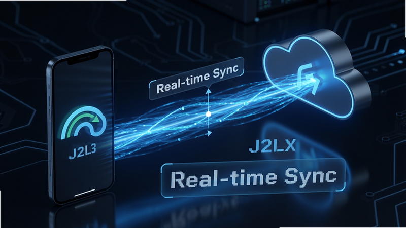 J2L3x ����ͬ��ʾ��ͼ����ʾ�ֻ����ƶ˷�����֮��ĸ�������������ɫ�������ӣ�����Ϊ����Ƽ��磬����ͻ��ͬ���ٶȸУ����ֱ�ǩ��Real-time Sync�������ɼ���������Ⱦ