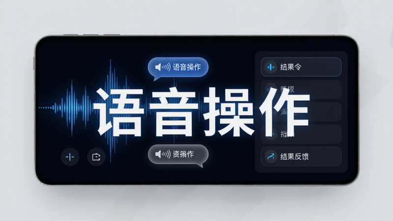 演示图展示语音控制界面,主体为声波与指令列表,布局横向排列,排版简洁,风格科技感与易用性结合,细节显示语音气泡和结果反馈,画质清晰,背景浅灰,文字“语音操作”突出