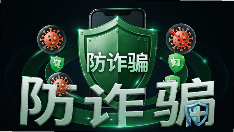 概念图展示盾牌保护手机,主体为绿色安全盾牌,布局环绕式,排版体现防护层,风格科技感与安全感结合,细节显示被拦截的病毒和诈骗图标,画质锐利,背景深色衬托,文字“防诈骗”明显