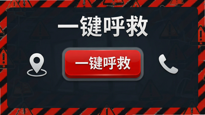 示意图展示紧急呼叫界面,主体为红色醒目按钮,布局居中,排版强调紧迫感,风格安全警示,细节显示定位图标和电话图标,画质高保真,无杂乱背景,文字“一键呼救”清晰