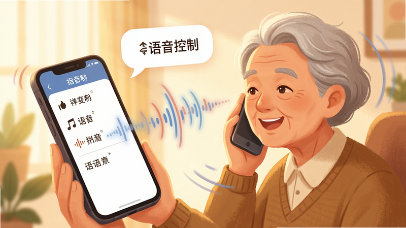 插画展示老人对着手机说话,主体为声波波纹与手机交互,布局动态感强,排版流畅,风格亲切自然,细节显示语音气泡和指令列表,画质柔和,光线温暖,文字“语音控制”悬浮显示