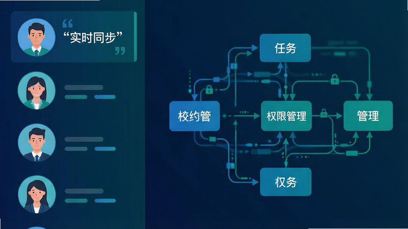 主体为团队协作场景,布局为左右分栏,左侧是成员头像列表,右侧是任务流转图。风格为现代商务插画,细节展示数据流动线条,色彩采用蓝绿科技色调。画质清晰,无多余装饰,文字加引号“实时同步”、“权限管理”。